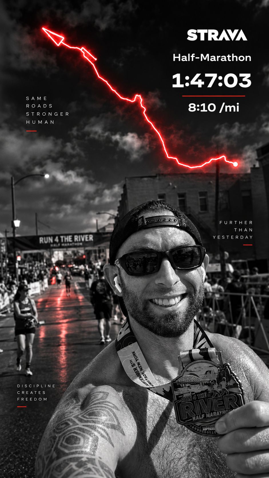 Adam at the Run 4 The River finish line holding his half marathon medal, backwards cap on, finish time 1:47:03 at 8:10 per mile.