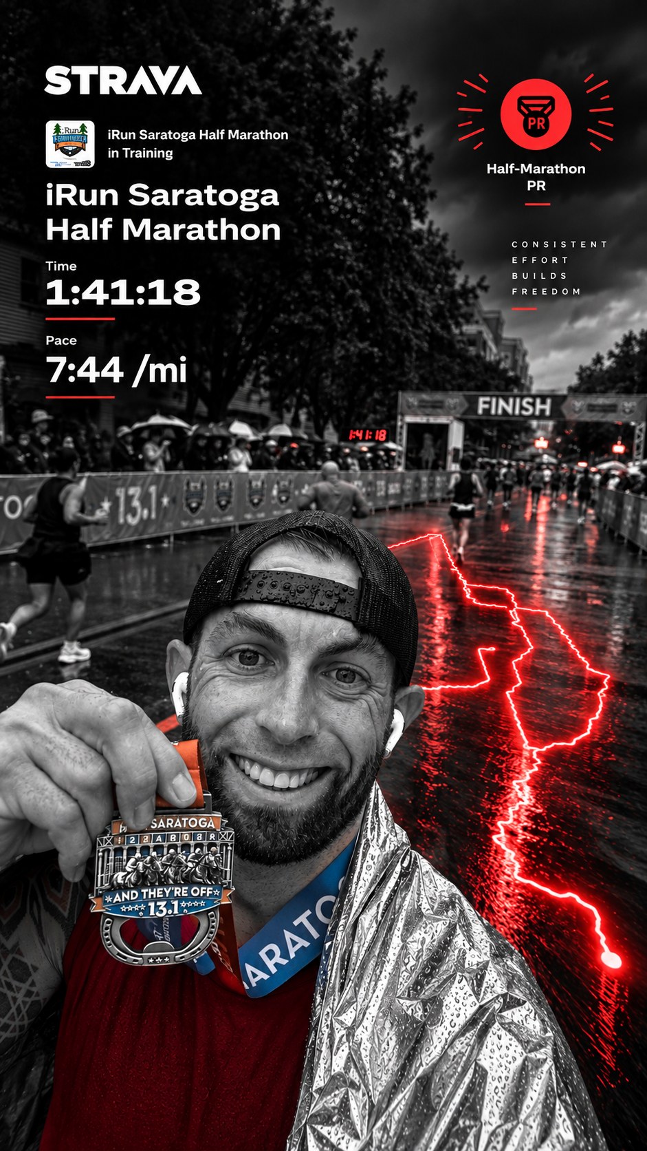 Adam at the iRun Saratoga finish line in the rain, backwards cap on, holding his medal.